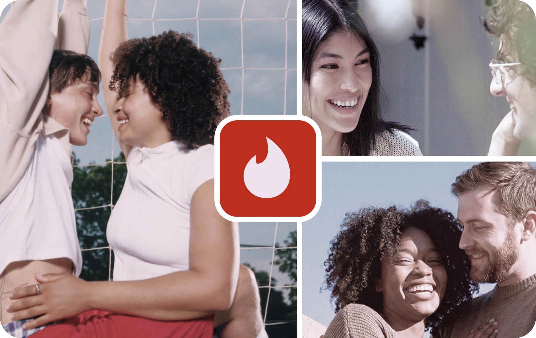 Couples laughing together, with the Tinder logo
