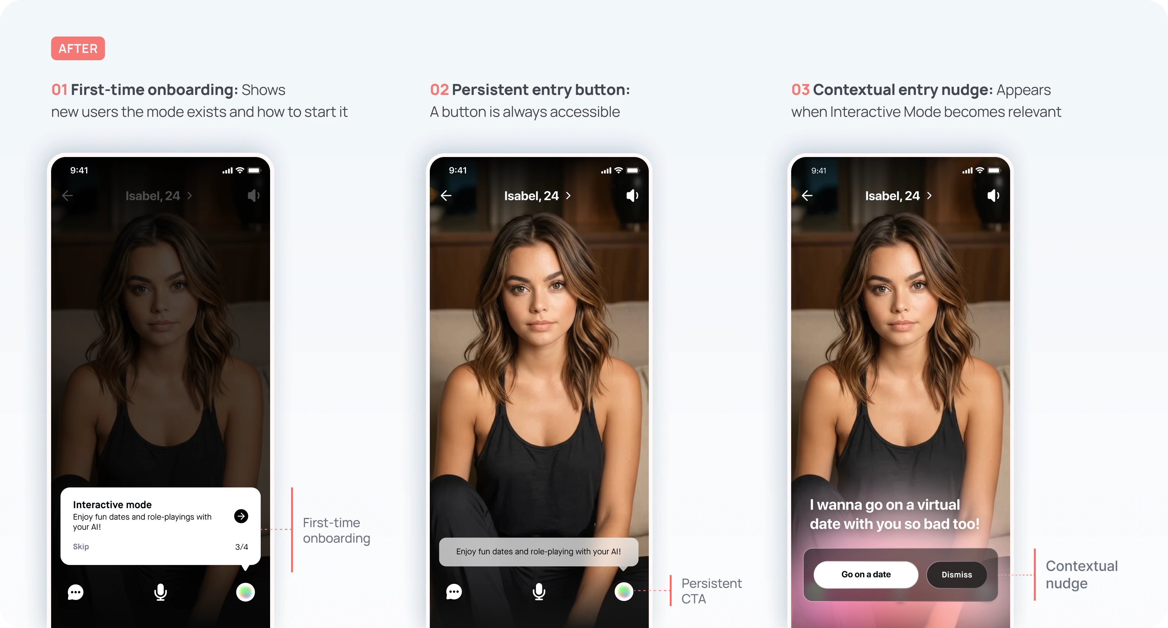 After: first-time onboarding, persistent entry button and contextual entry nudge
