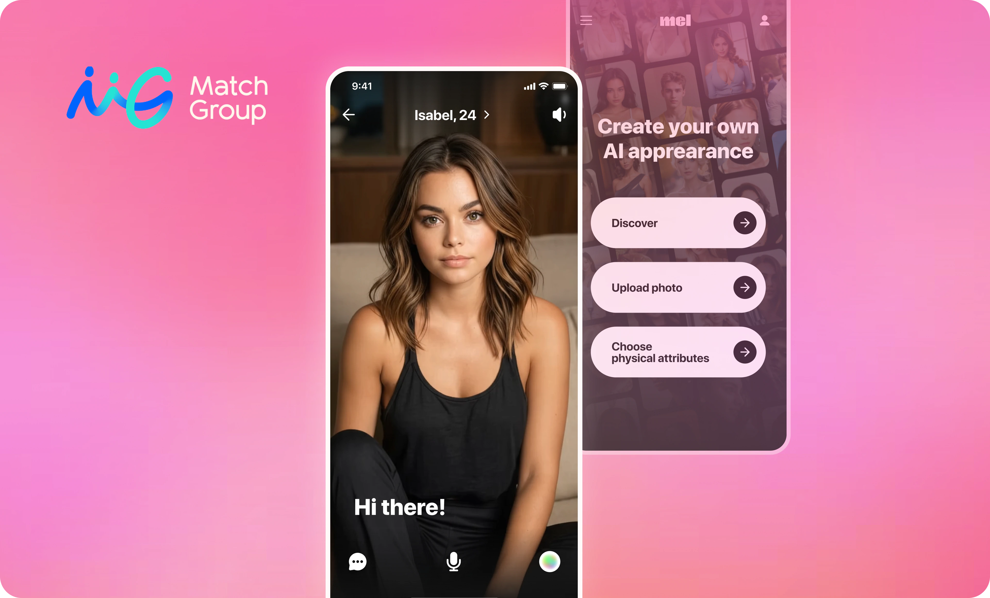 Mel AI video dating app screens on a Match Group cover