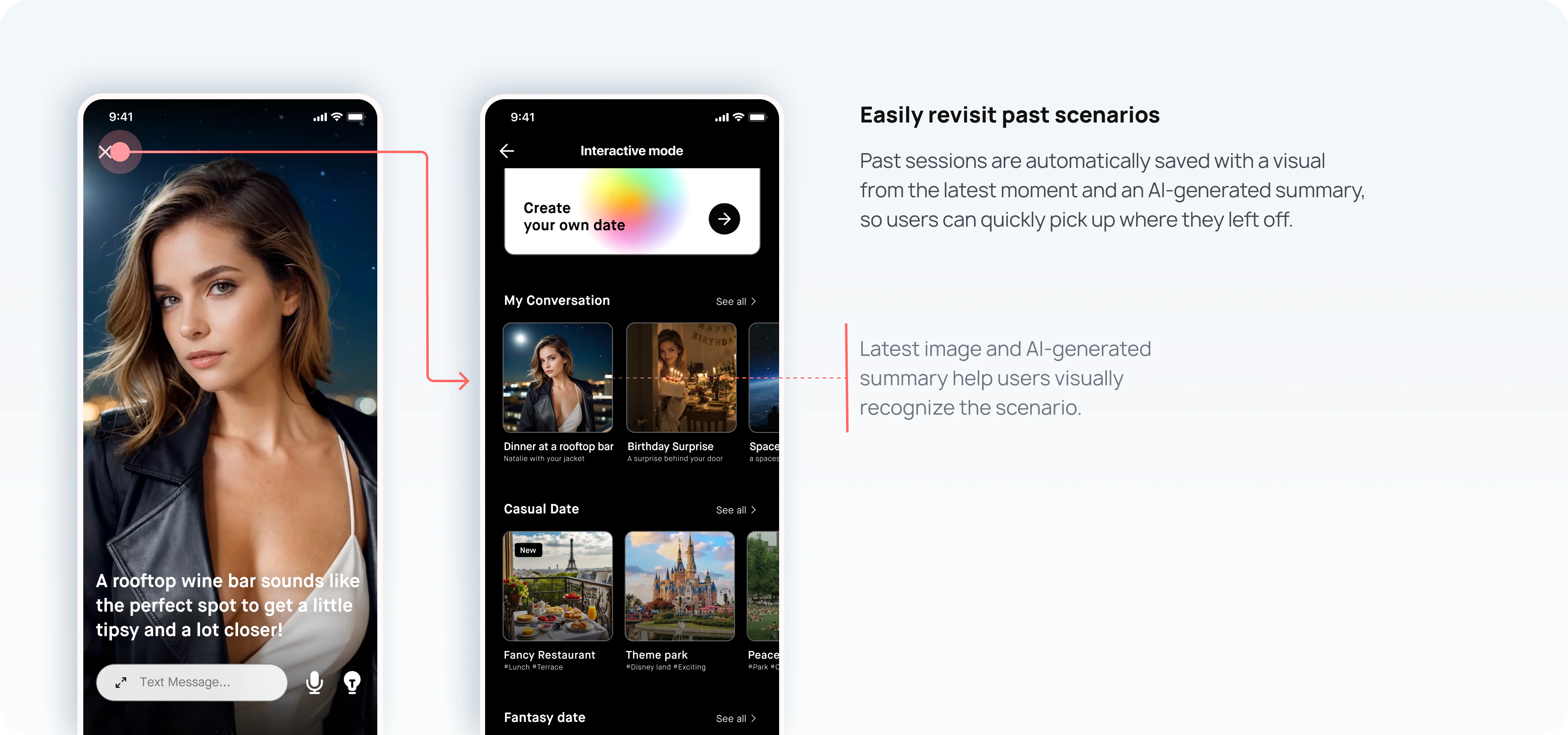 My Conversation saves past sessions with the latest image and an AI-generated summary