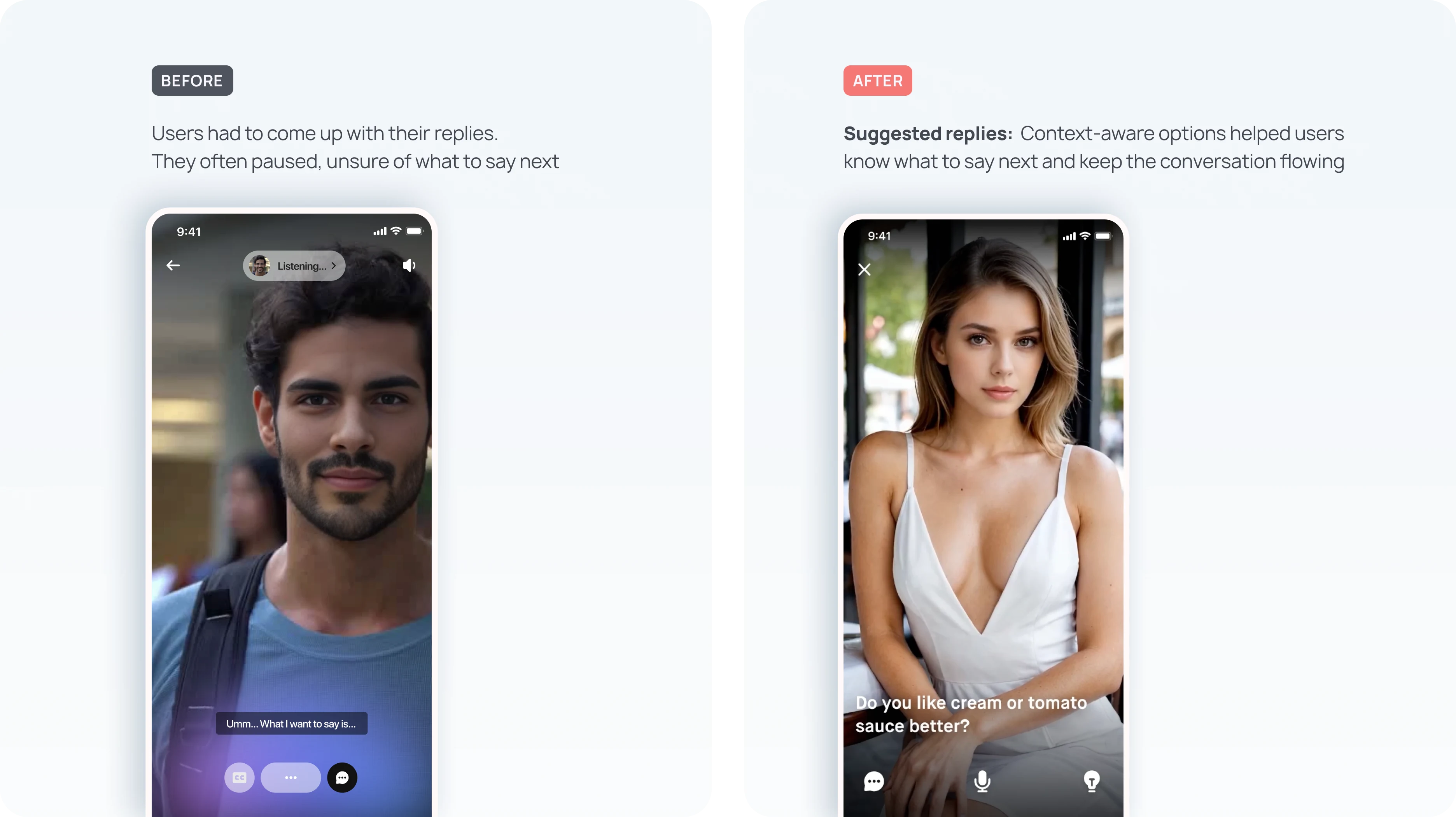 Before: users came up with their own replies. After: context-aware suggested replies