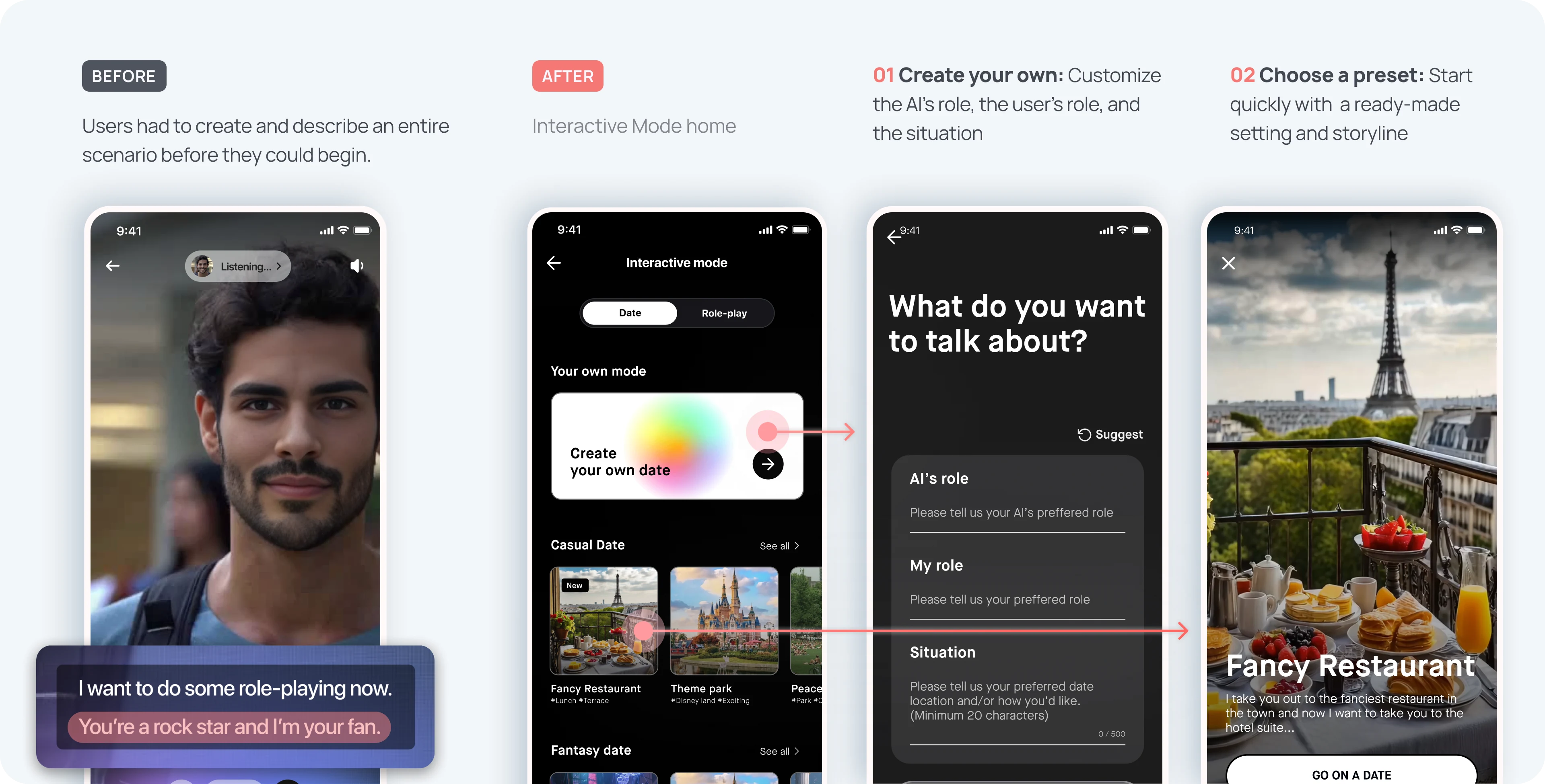 Before: describe a whole scenario by voice. After: create your own or choose a preset