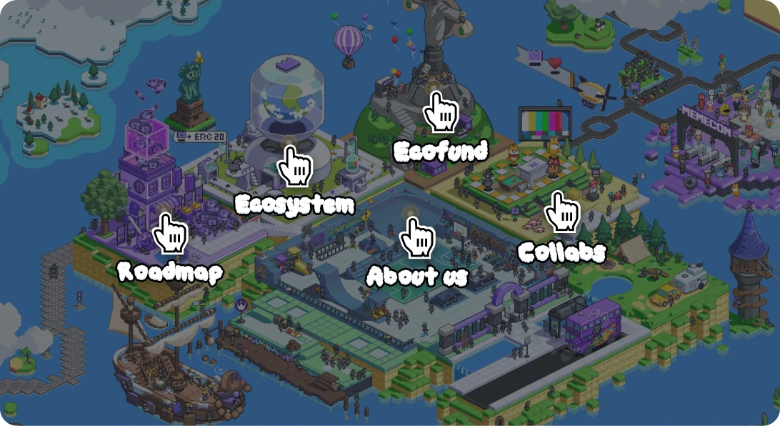 Original homepage: an illustrated map where Roadmap, Ecosystem, Ecofund, and About us appeared only on hover