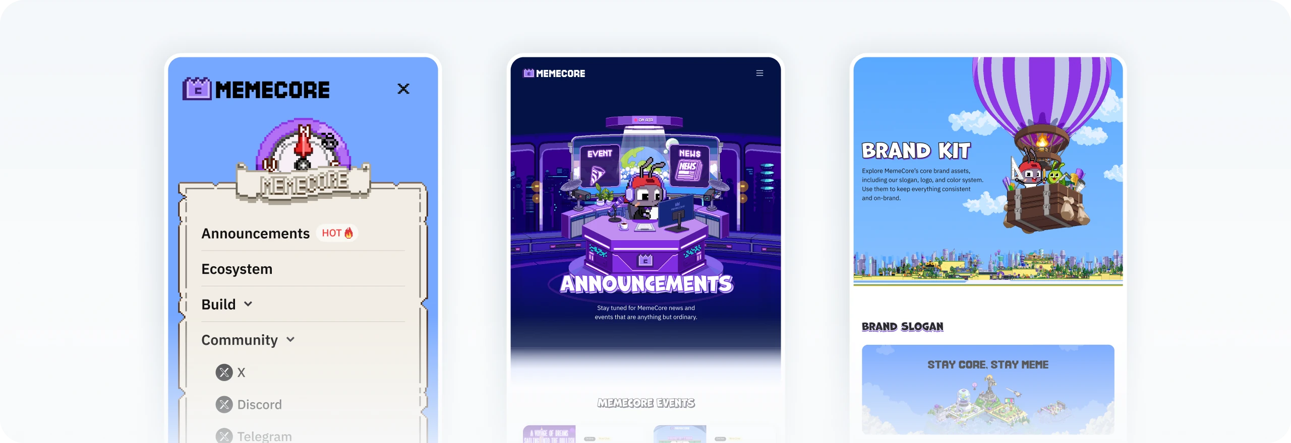 Three mobile pages built through vibe coding: the menu, Announcements and Brand Kit
