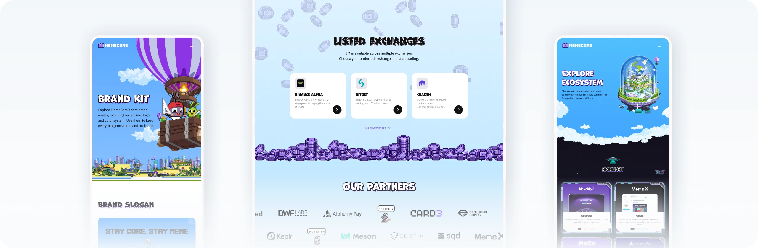 Redesigned MemeCore website on mobile: Brand Kit, Listed Exchanges, and Explore Ecosystem pages