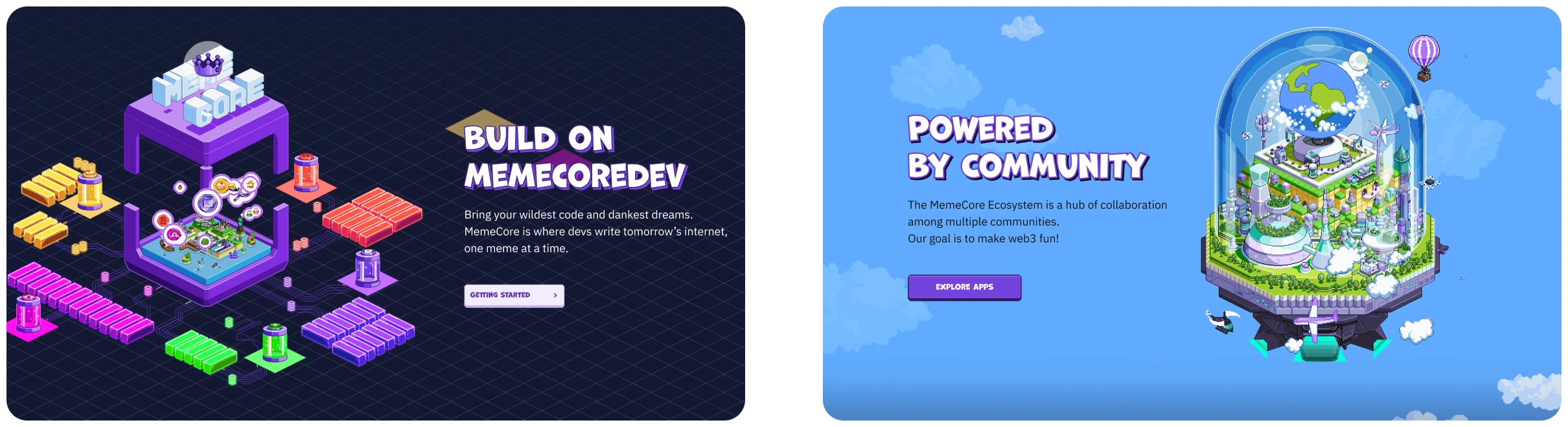 Two information sections — Build on MemeCoreDev and Powered by Community — each with one key message, a short description, a clear CTA and one illustration