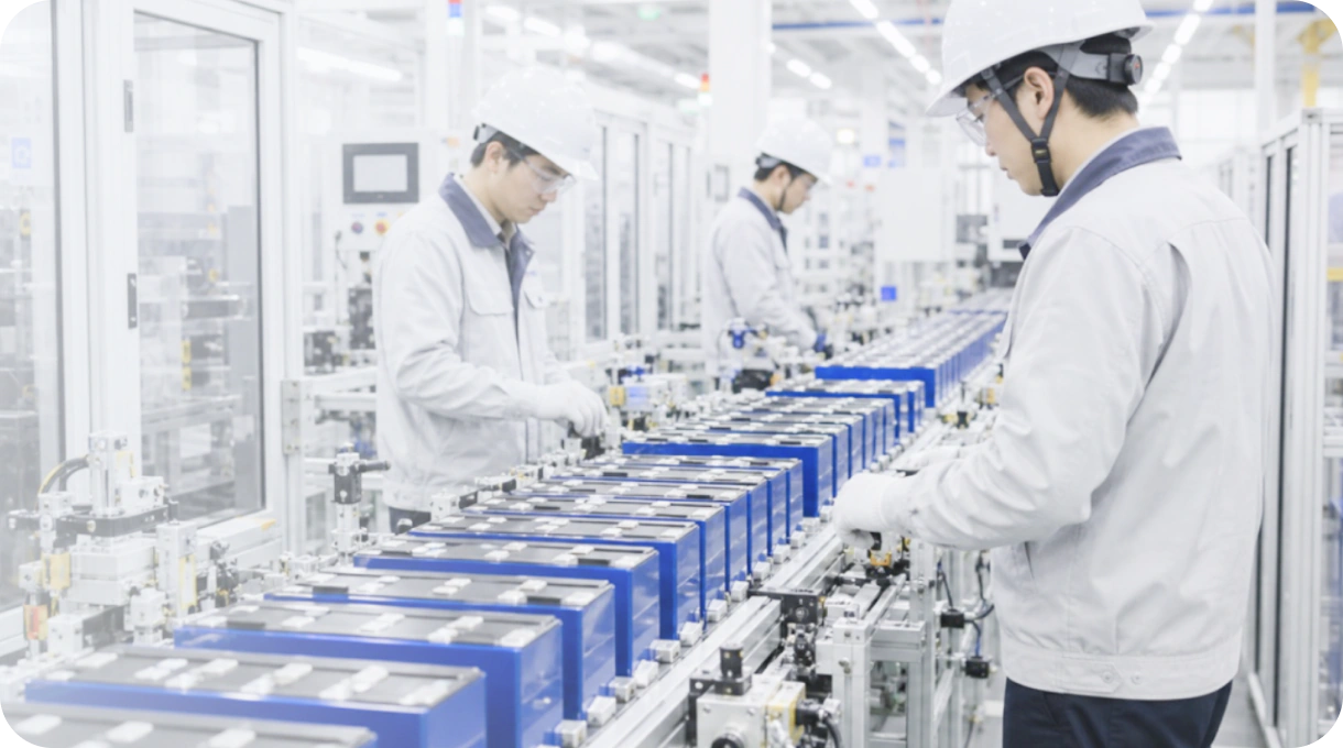 SK On workers inspecting EV battery cells on a production line