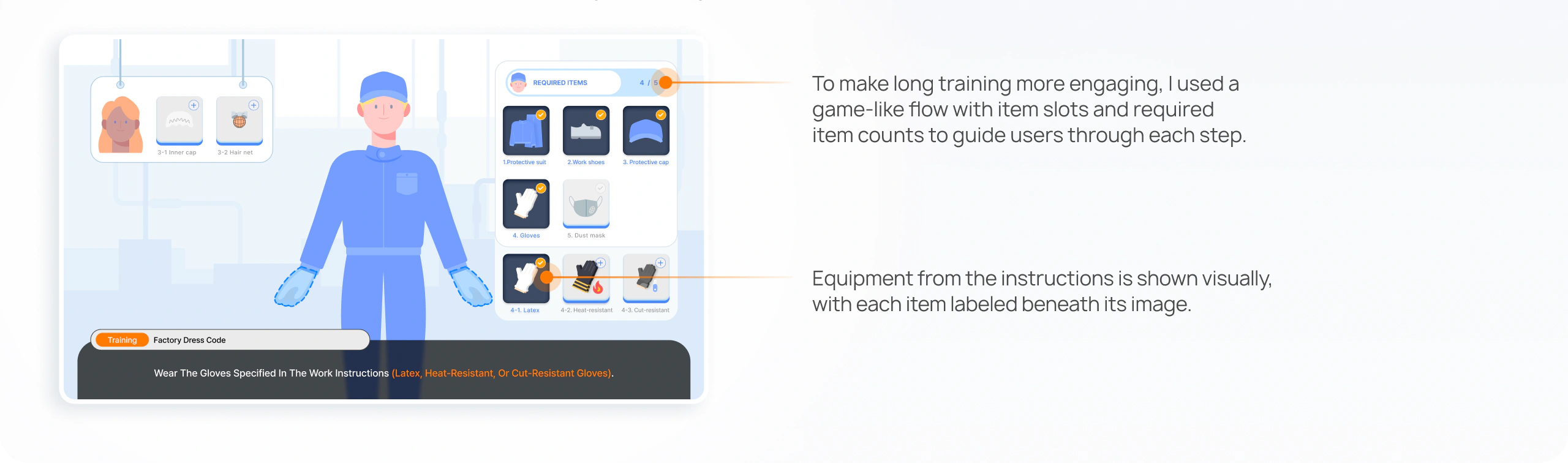 After: a game-like dress-up screen with item slots and a 4/5 required-items counter. Notes: to make long training more engaging, I used a game-like flow with item slots and required item counts to guide users through each step; equipment from the instructions is shown visually, with each item labeled beneath its image.