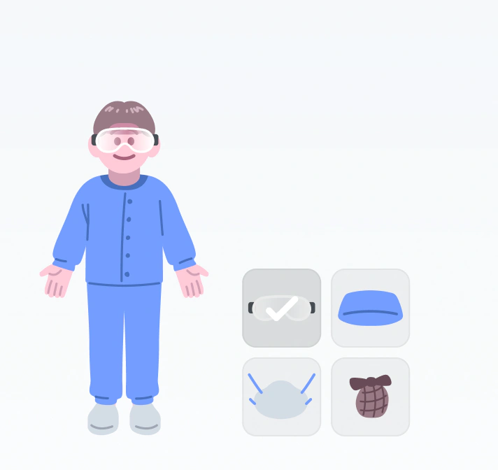 Original: a 3D character beside flat grey item cards
