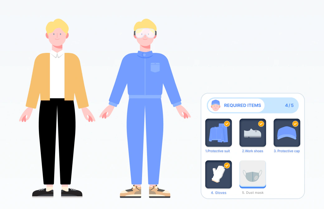 Second iteration: flat characters next to raised, high-contrast required-item cards