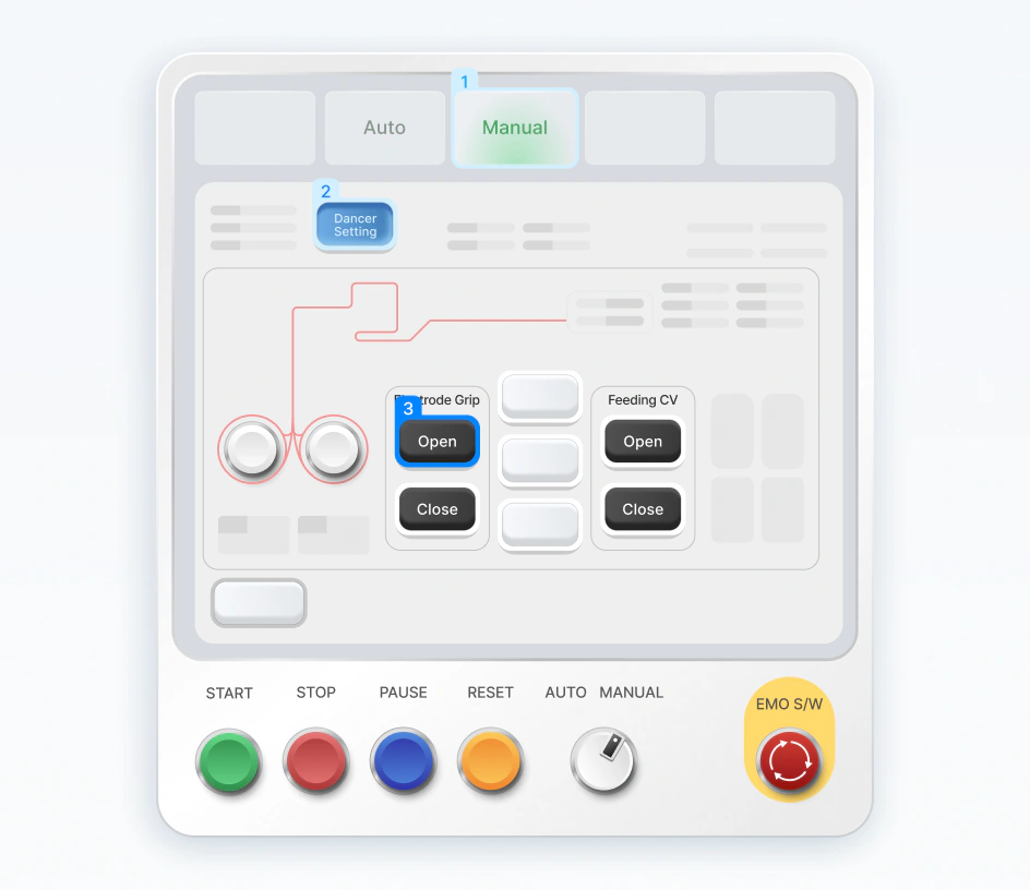 Selected direction: a light HMI panel where numbered steps and key controls are emphasized