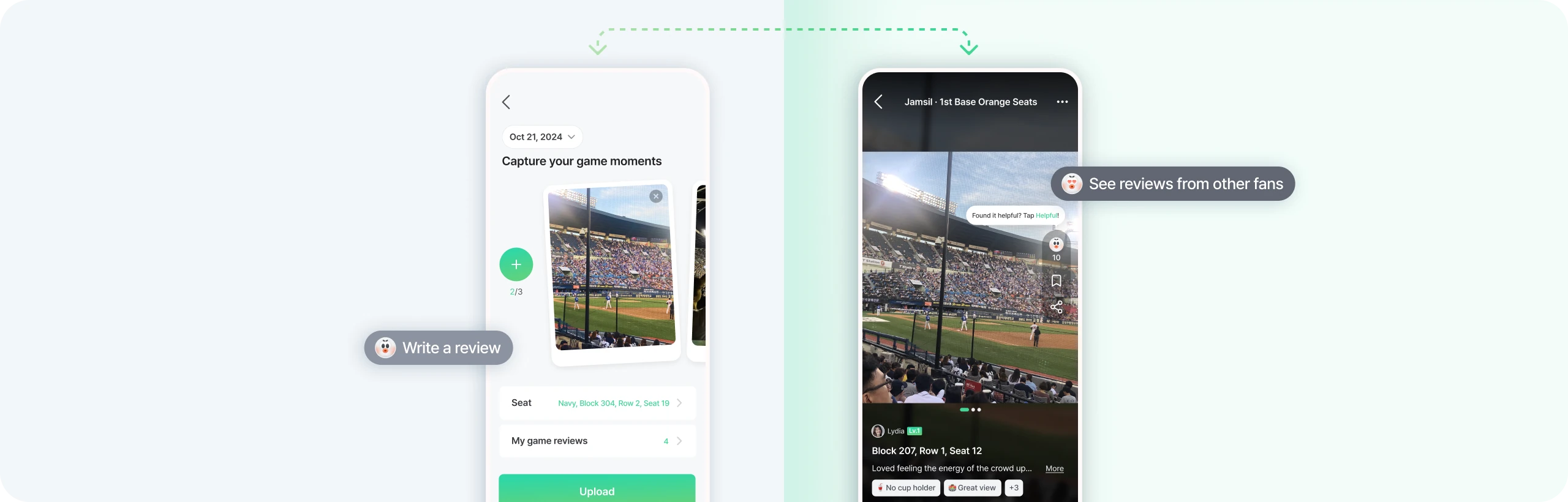 Two SPOT screens: writing a review after a game, and seeing reviews from other fans