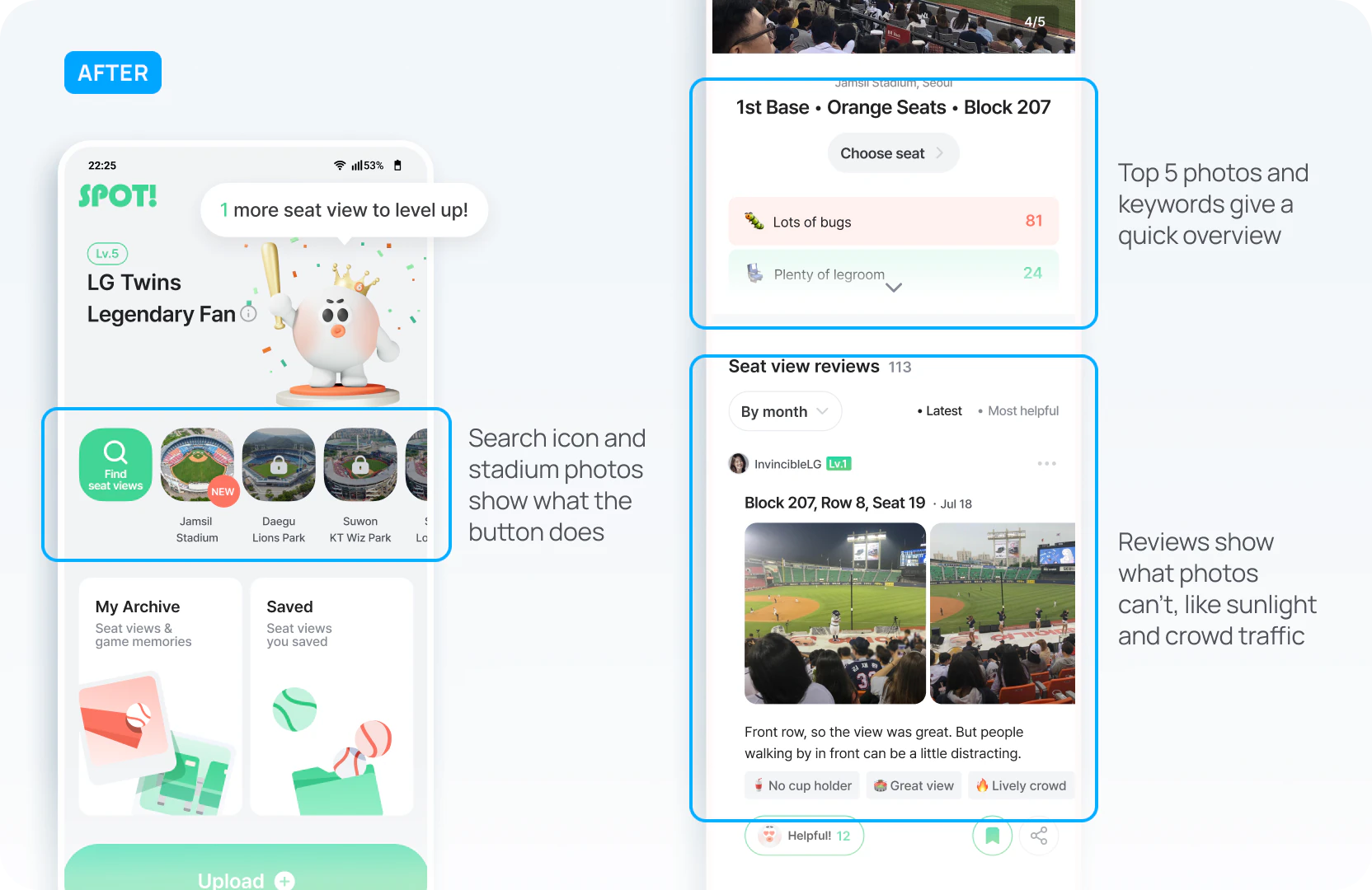 After: a Find seat views button with stadium photos on the home screen, leading to seat photos, keywords and reviews