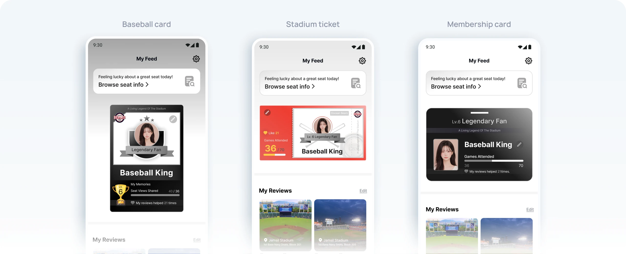 Three profile concepts: baseball card, stadium ticket and membership card