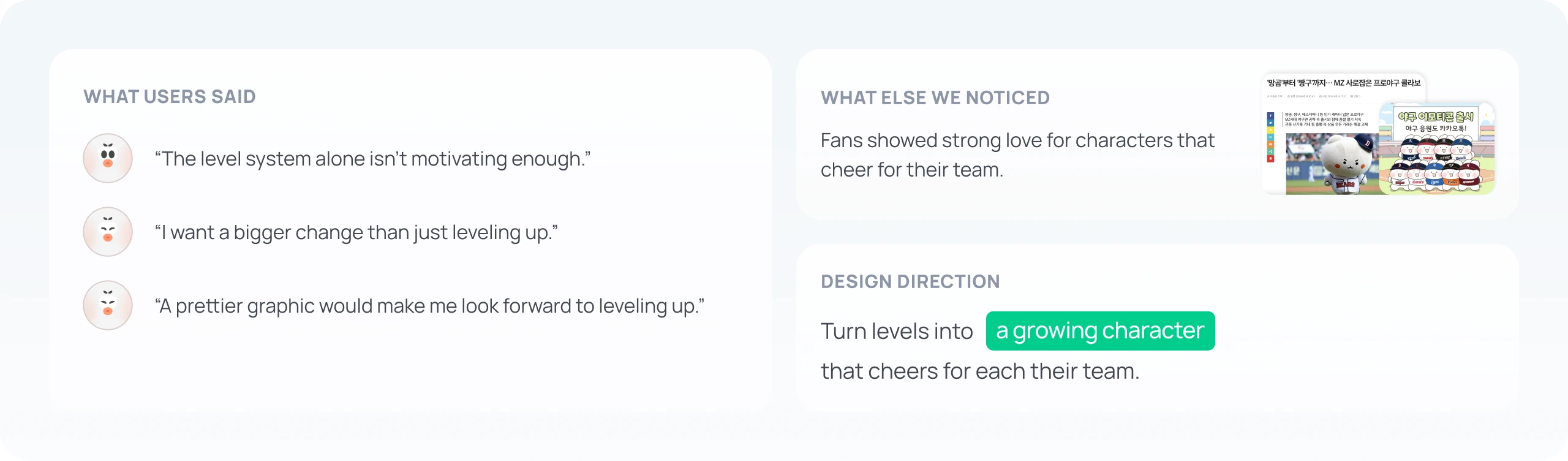 What users said, what else we noticed about team characters, and the design direction: turn levels into a growing character