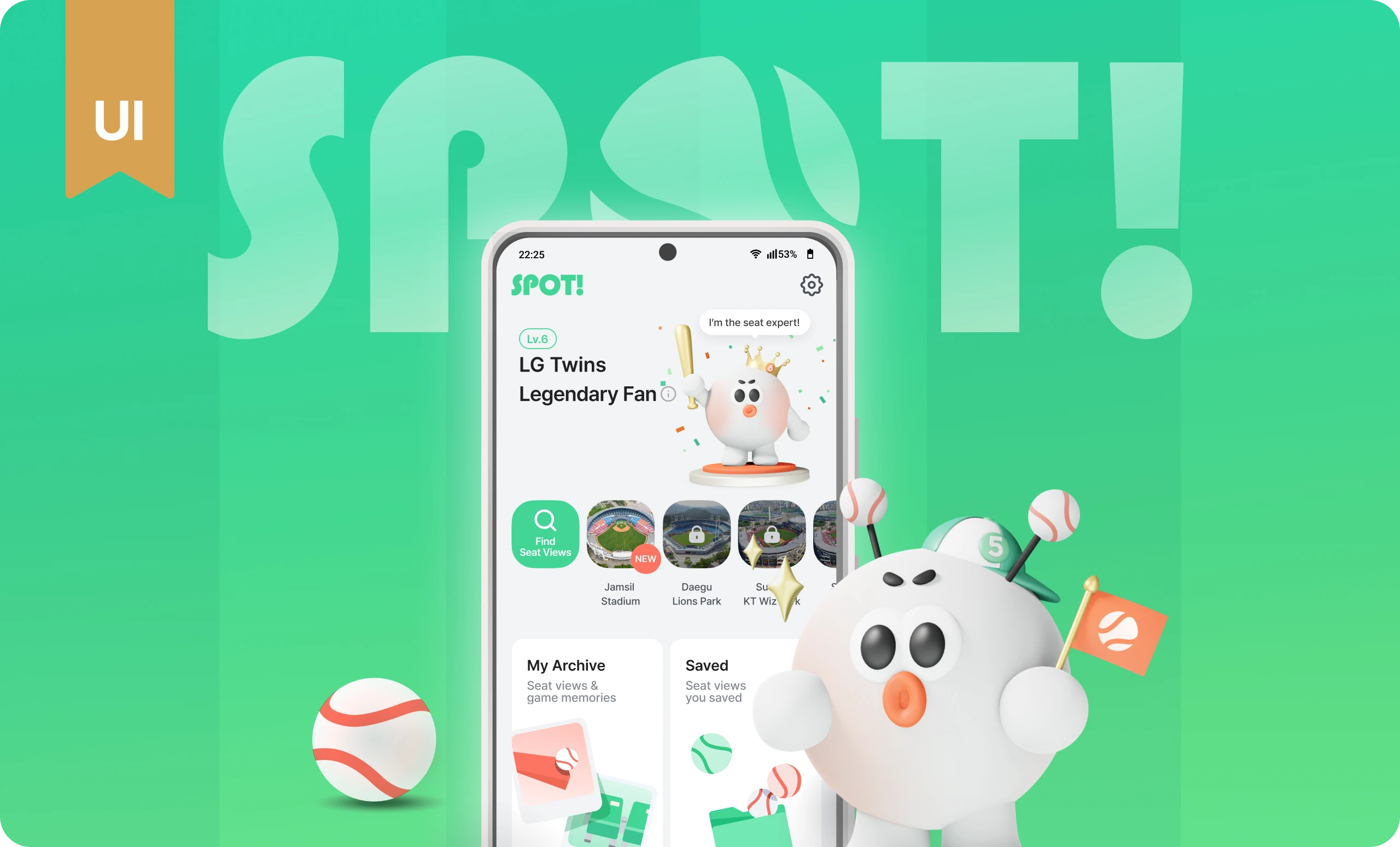 SPOT app home screen with its 3D mascot on a green cover
